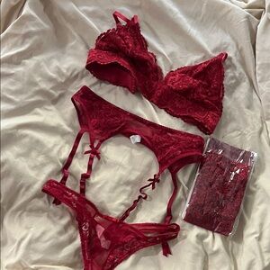 Red Lace Bralette & Garter Lingerie Set